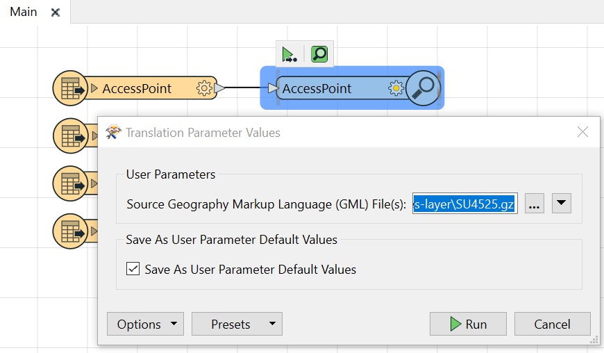 FME Workbench main area showing the Run to This action for an inspector and the Translation Parameter Values dialog that the action opens.