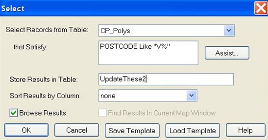 An image of the Select screen showing records being selected from the CP_Polys table