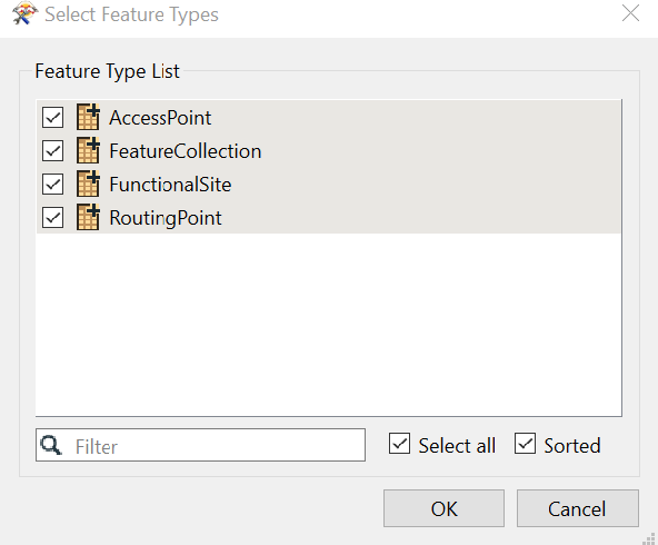 FME Workbench Select Feature Types dialog showing all layers selected.