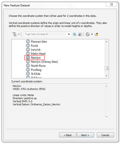 ArcCatalog New Feature Dataset dialog box with the Newlyn option highlighted by a red rectangle shape in the Z coordinates dropdown menu.
