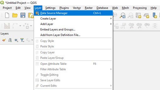 QGIS UI showing Layer > Data Source Manager action