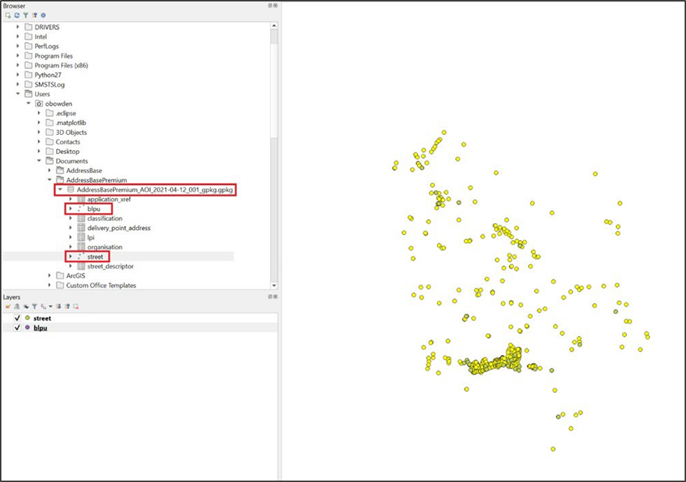 QGIS UI showing blpu and street tables in the Browser and map area
