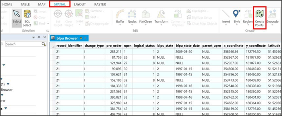 MapInfo UI highlighting Spatial > Create Points navigation item