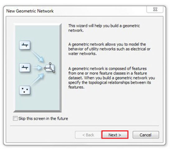 ArcCatalog New Geometric Network dialog box, with the Next button highlighted by a red rectangle shape.