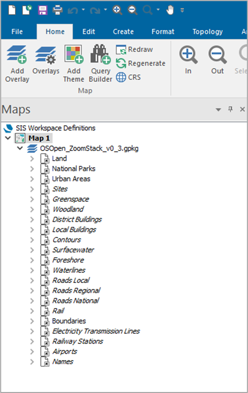 Loaded overlays shown on the Map interface in the left hand side menu
