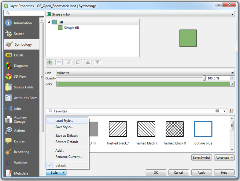 Layer properties window for QGIS