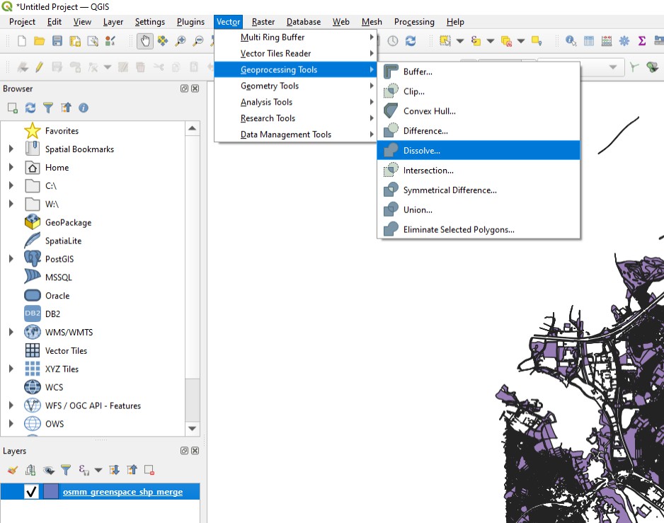 QGIS window showing Vector > Geoprocessing Tools > Dissolve menu option.