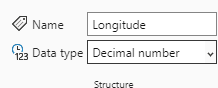 A screenshot of the Longitude type field set to Decimal number in Power BI.