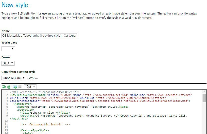 Geoserver New style UI showing uploaded SLD stylesheet