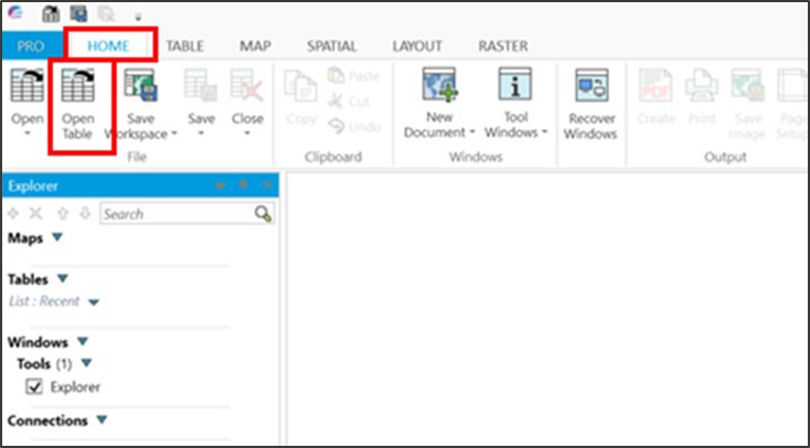 MapInfo UI highlighting Home > Open Table navigation item