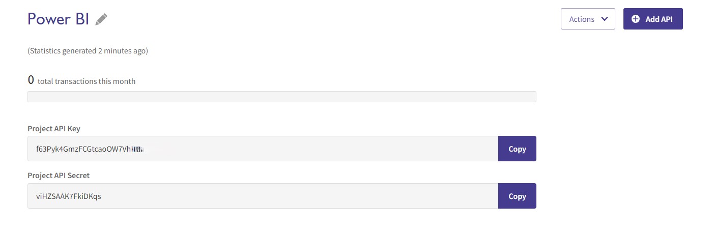 A screenshot of part of the project view of the OS Data Hub. An example API key is shown.