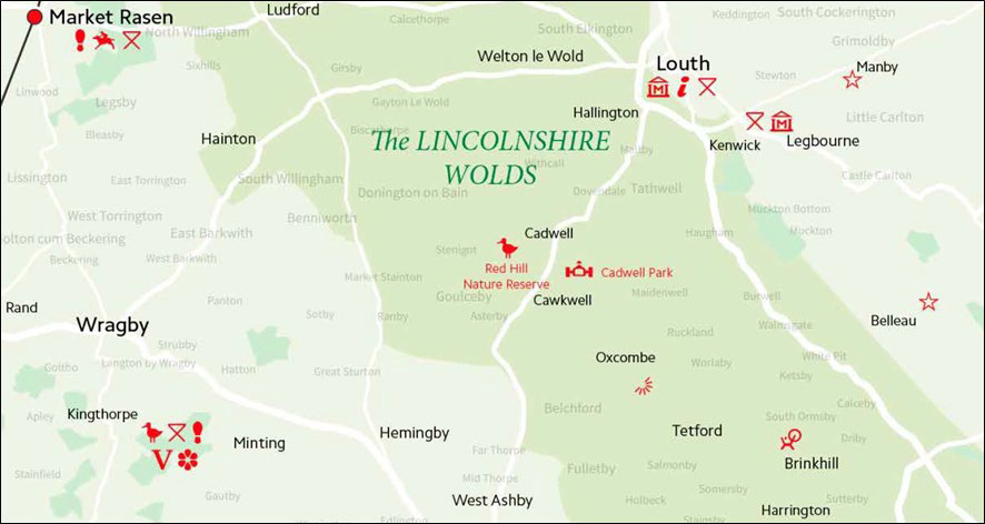 Screenshot of OS Open Names centred over the Lincolnshire Wolds, UK. Leisure-related points of interest are highlighted on the map by red symbols (for example, museums and nature reserves).
