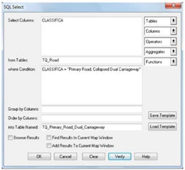 SQL Select dialog window showing query parameters