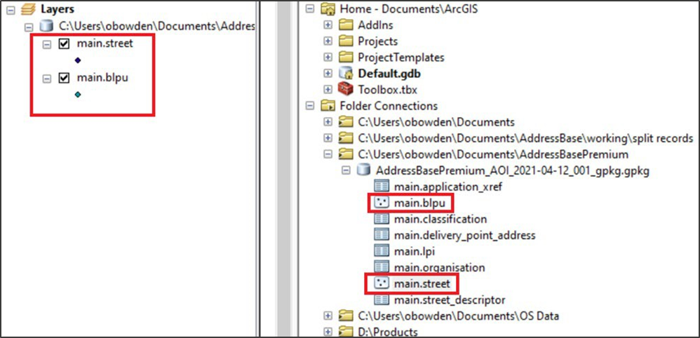 ArcMap UI highlighting main.street and main.blpu tables in the Layers panel and Catalog