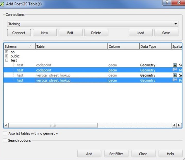 An image showing the Add PostGIS Tables screen with two test schema's highlighted.