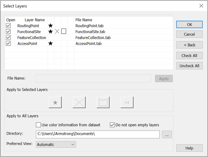 MapInfo Professional Select Layers dialog.