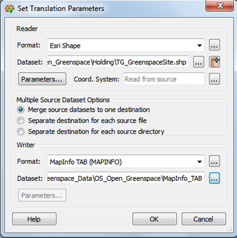 Set translation parameters showing Esri Shape format and GreenspaceSite.shp dataset