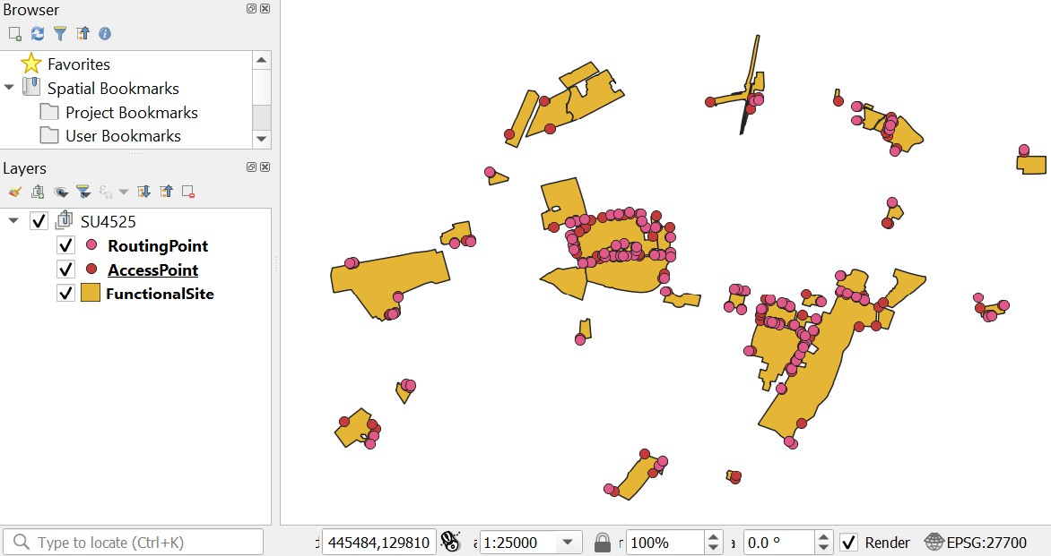 QGIS UI showing the AccessPoint, FunctionalState and RoutingPoint layers GML data displayed in the Layers Panel and map area.