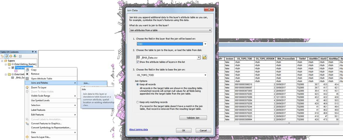Three screenshots showing the steps needed to join tables using the Join Data dialog to combine OS MasteMap Topography Layer data with the data held in a .csv file