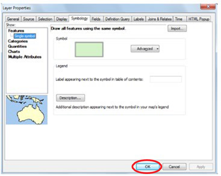 Screenshot of the layer properties window with the OK button highlighted