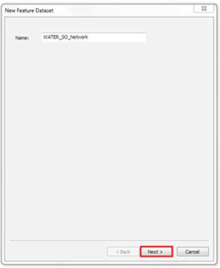 ArcCatalog New Feature Dataset dialog box showing the text box where you can enter a name for your new feature dataset. The Next button is highlighted by a red rectangle shape.