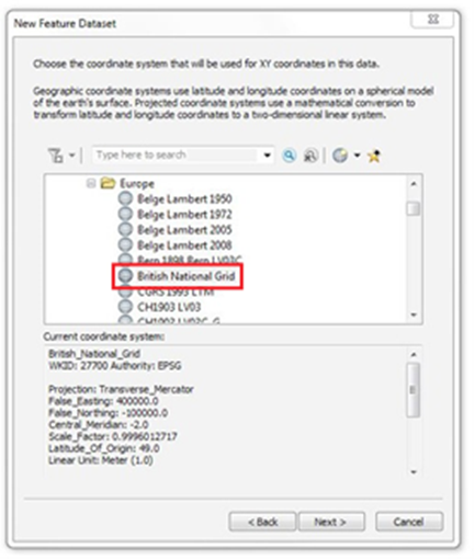 ArcCatalog New Feature Dataset dialog box with the British National Grid option highlighted by a red rectangle shape in the XY coordinates dropdown menu.