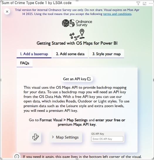 OS Visual landing page in Power BI. The main page shows options to add an OS API Key with later steps to create and customise a visualisation. 