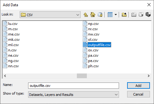 ArcMap Add Data dialog showing outputfile.csv selected