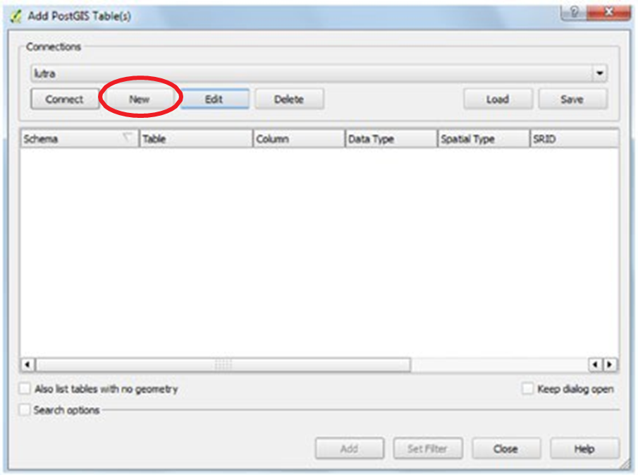 Add PostGIS Table window showing the new connections button highlighted