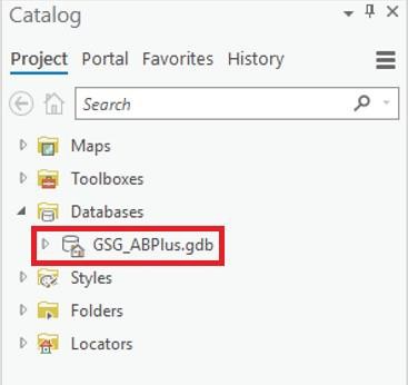 ArcGIS Pro UI showing File Geodatabase Catalog pane