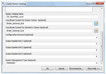 Screenshot of the create raster catalog dialog box