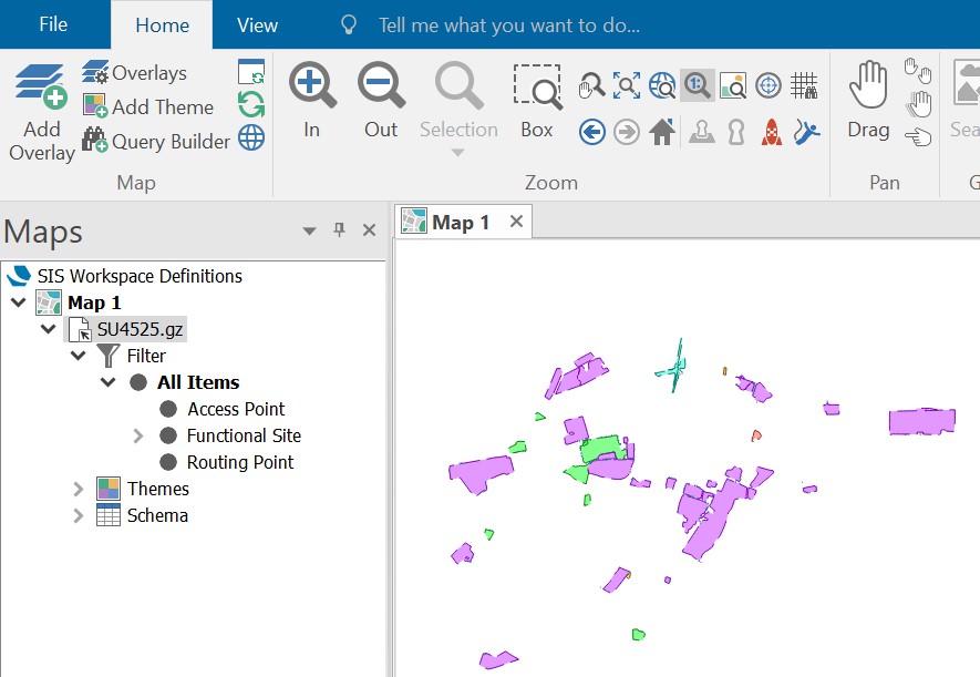 Cadcorp UI showing GML data in the Maps navigation panel and graphical interface.