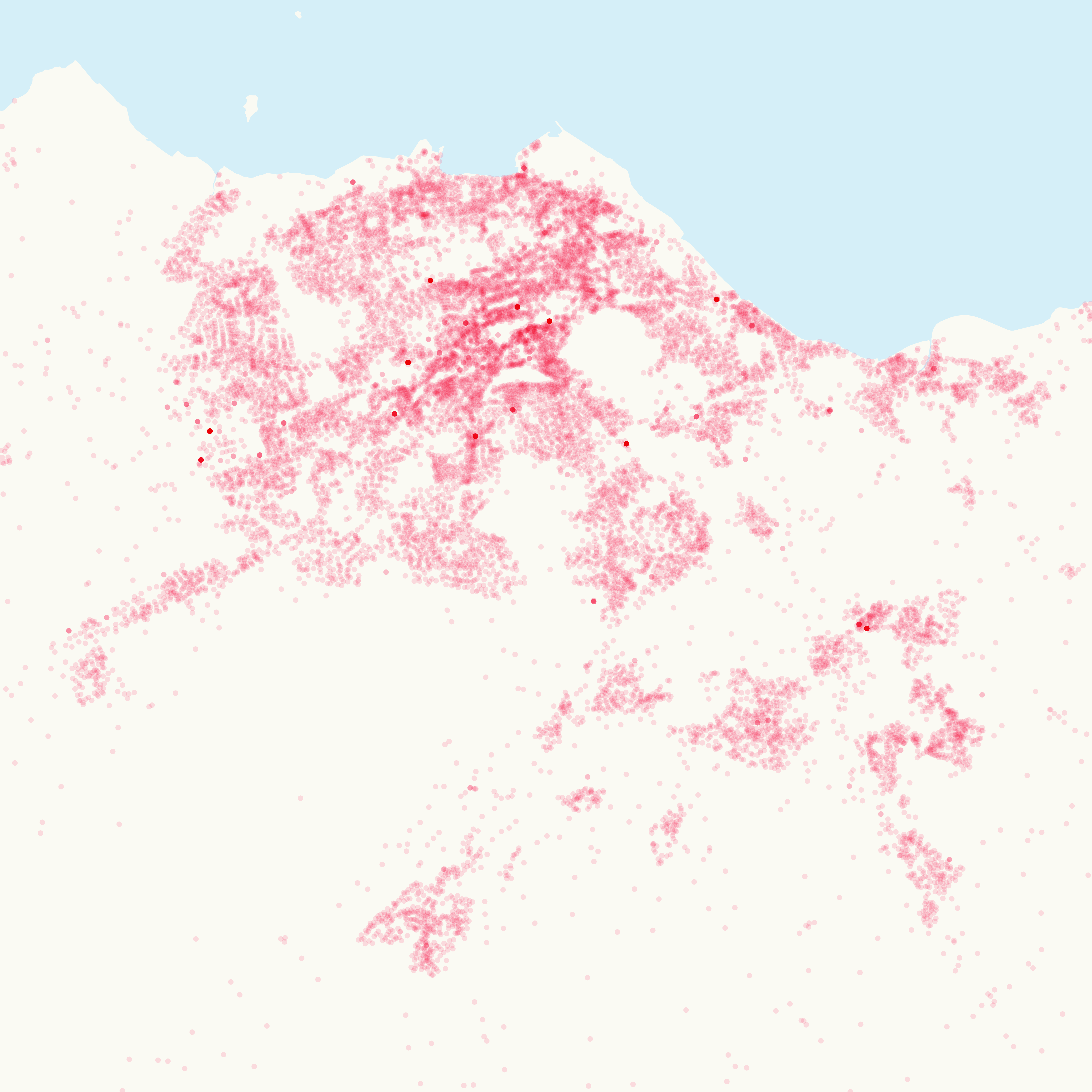 A representation of Code-Point Open data showing the area surrounding Edinburgh and the Lothians