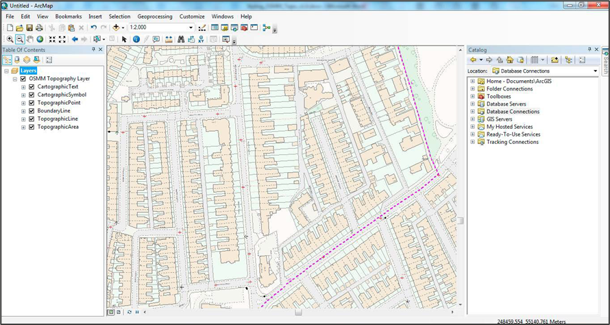 ArcMap window showing OSMM Topography data layers loaded into the main data window