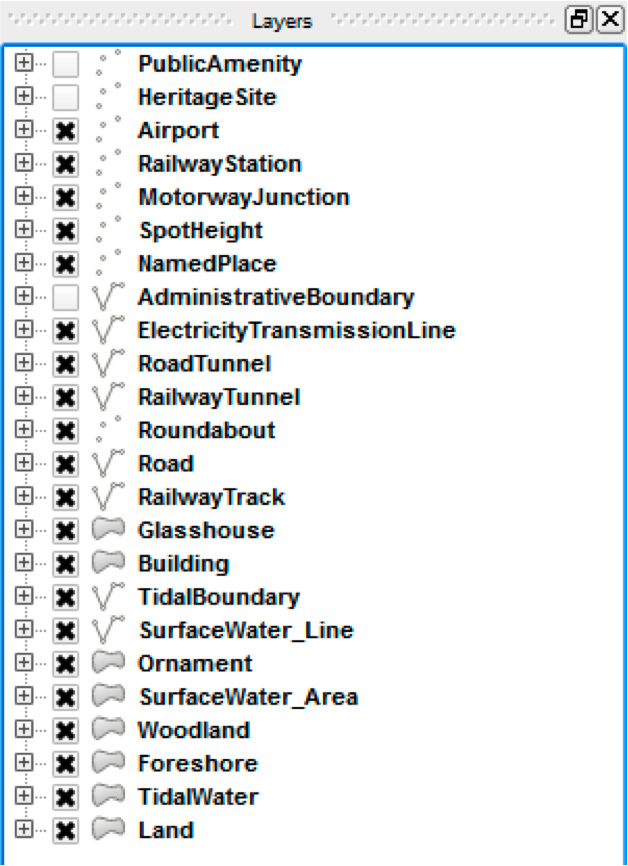 Left hand side layers window showing all layers selected except for PublicAmenity, HeritageSite, and Administrative Boundary