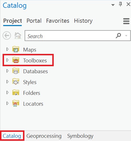 ArcGIS Pro UI Catalog pane in showing Project >Toolboxes navigation item