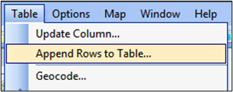MapInfo Professional window showing Table - Append rows to table menu option.