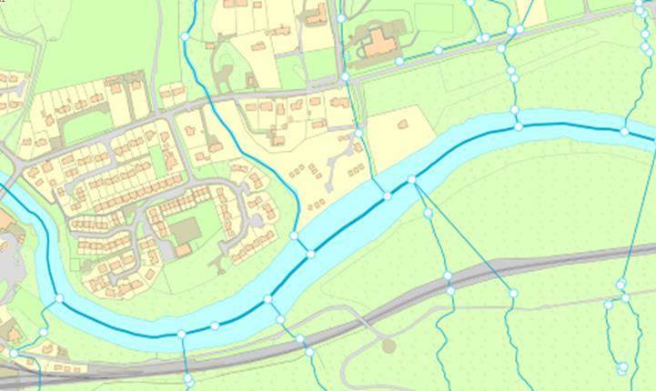Example extract from OS MasterMap Water Network Layer showing one big river and several tributaries/smaller rivers running into it. The WatercourseLink (blue solid lines) features and HydroNode features (small white circle with a blue solid outline) are shown on top of every watercourse.