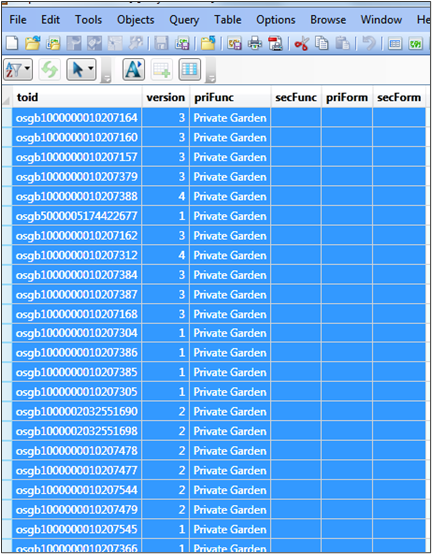 MapInfo Professional window showing result of Query select to extract features with priFunc=private garden.