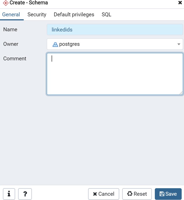 Create schema window showing schema name and owner