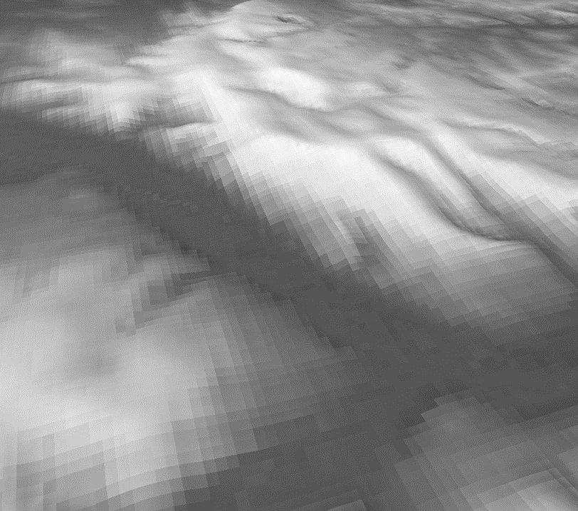 Example of OS Terrain 50 posts displayed as a heighted, shaded raster in a GIS.