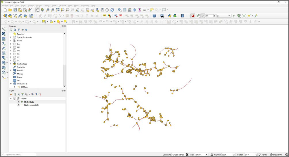 HydroNode and WatercourseLink layers shown on the canvas map