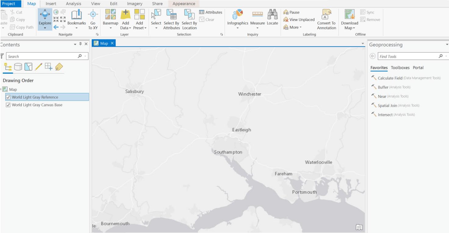 ArcGIS Pro UI showing default background map