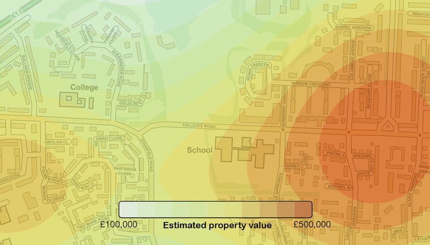 OS OpenMap – Local has been used as backdrop mapping for a street-level map of a residential area. A property value heat map has been overlain on top of this street map. Colours on the heat map range from dark orange, which represents an estimated property value of £500,000, to white, which represents an estimated property value of £100,000. In this example, property values increase across the map from left to right/west to east. 
