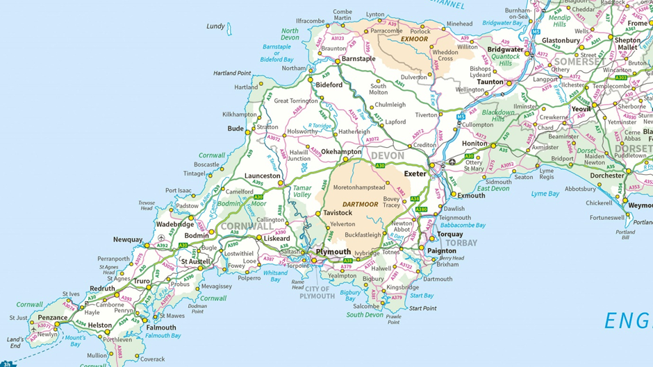 Miniscale map area showing areas of Cornwall, Devon, and Somerset.