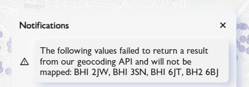 A screenshot of the notification panel in Power BI showing a series of incorrect postcodes that failed to geocode