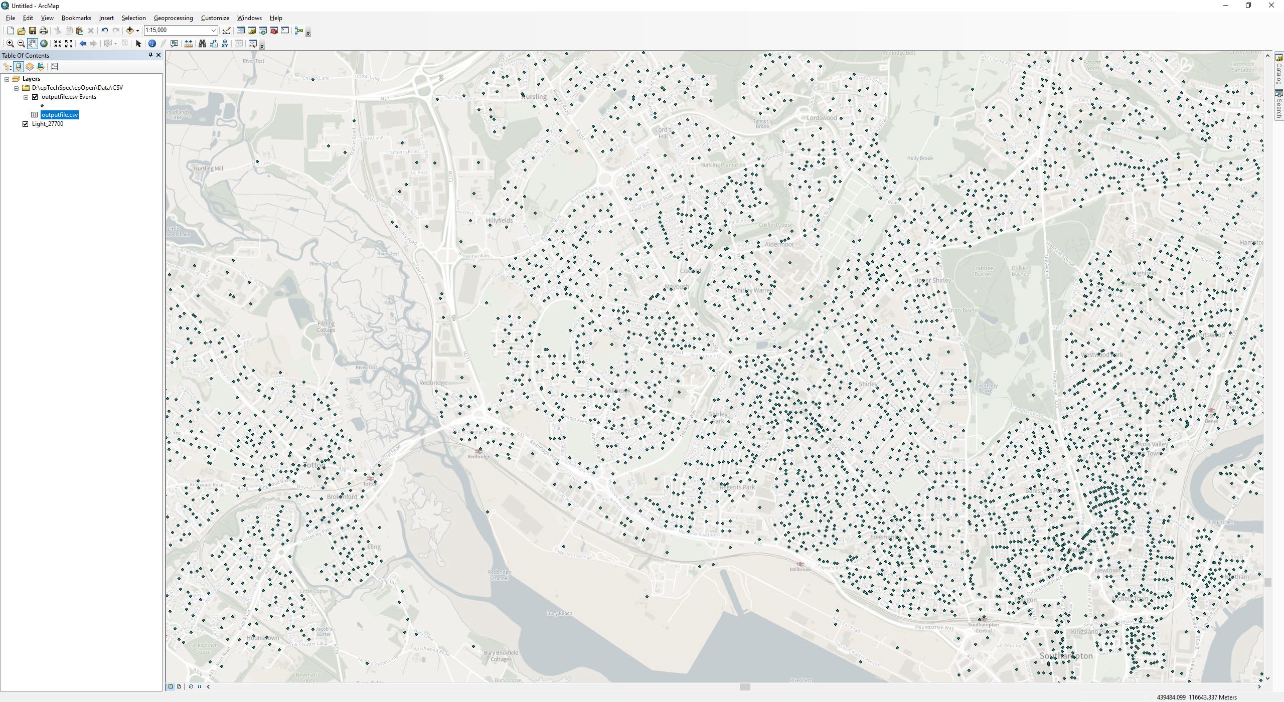 ArcMap UI showing Code-Point Open CSV data displayed in the Table of Contents panel and map pane area, with OS Maps API Light 27700as the background map for geographical context.