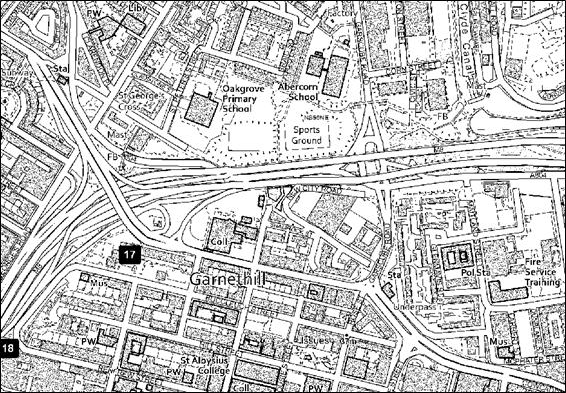A backdrop raster mapping example of the product which has been styled as Black and White Raster. The map shows Garnethill in Glasgow.