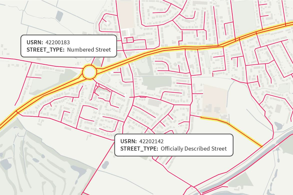 Visualisation of USRN identifiers being used to uniquely identify two streets on a map. Two streets on the map are highlighted in yellow and have information listed for their USRN and street type attributes.