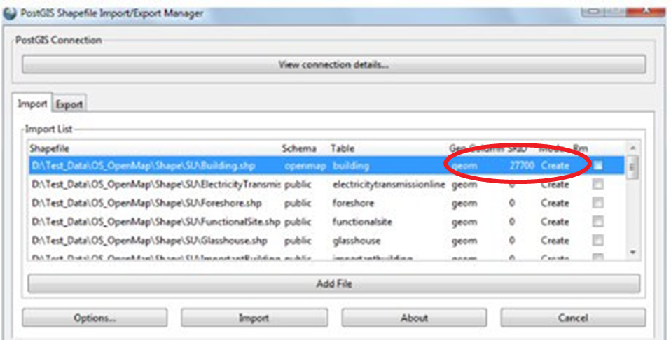 PostGIS Shapefile import/Export Manager window highlighting changes to the coordinate reference system to the British National Grid code 27700